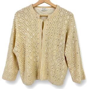 Vtg 50s 60s Cyn Les Wool Fully Sequined Lined Cardigan Sweater Size 40 Large